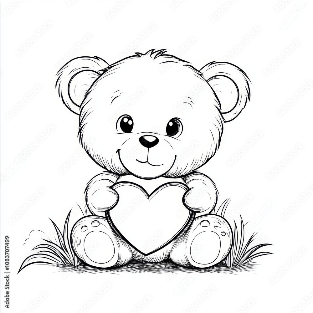 Obraz premium Coloring. Teddy Bear vector illustration isolated on white background. Little bear cub sitting on white background. Valentine's Day. 