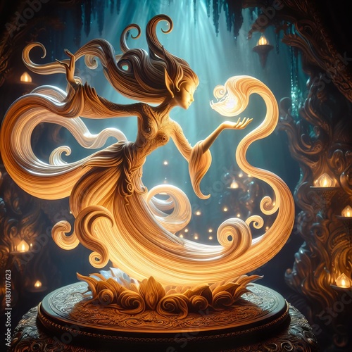 A glowing fantasy sculpture of an elegant fairy with flowing details, illuminated in a mystical, ornate, and magical atmosphere photo