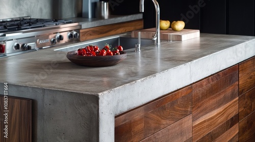 Close-up of a concrete kitchen countertop with wooden cabinets and a bowl of tomatoes.
