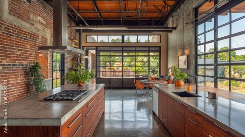 Industrial Kitchen with Exposed Brick and Large Windows