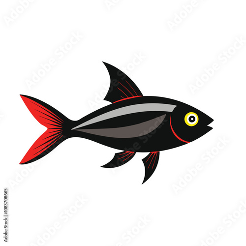 Black Neon Tetra fish isolated flat vector illustration on white background