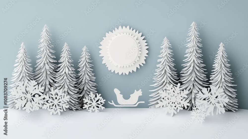 Obraz premium Festive Winter Wonderland Snowy Trees Santa s Sleigh Snowflakes Full Moon Christmas Design