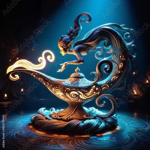 Ethereal Genie Spirit Emerging from Ancient Golden Lamp in Mystical Cosmic Realm with Swirling Magical Energy photo