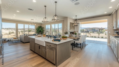Modern Kitchen with Island, Farmhouse Sink, and Patio View
