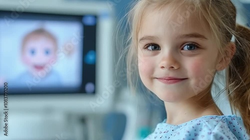 Smiling girl in hospital gown gazes at digital screen displaying cartoon baby, capturing joy and innocence in pediatric healthcare setting. 4k motion camera