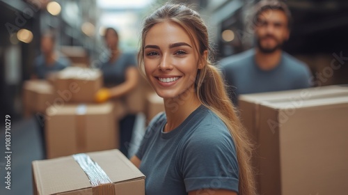 A smiling young european woman holds a box while working in a warehouse surrounded by her diverse colleagues. They work efficiently together. photo