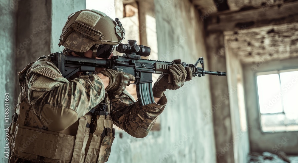 Fototapeta premium A soldier in camouflage and helmet, holding an assault rifle with the sight in front of his shoulder, is seen inside a house, in a dynamic action pose