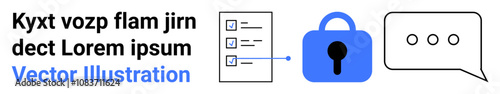 Text block, checklist, blue lock, and chat bubble. Ideal for security, task management, communication, data privacy, collaboration, online services, web design. Banner for landing page