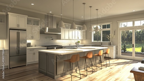 Modern Kitchen with Island, Stainless Steel Appliances, and Large Windows