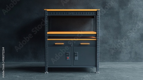 A modern industrial workbench featuring a sleek design with orange accents and metal structure. Ideal for workshops or garages. photo