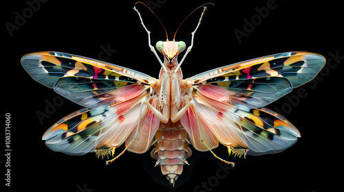 Amazing colorful Pseudocreobotra wahlbergii female. Spiny Flower Mantis show wings on black background