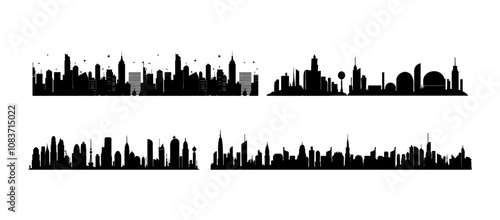 Set of Urban Skyline Silhouettes in Black isolated on White Background. City or town element eps10 vector illustration