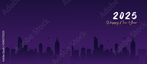 2025 Happy New Year Greeting with Urban Skyline Silhouette on Purple Background. EPS10 vector illustration