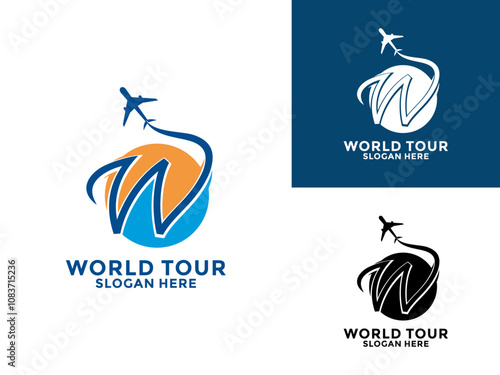 initial letter W with Airplane and Global logo design template. Travel logo design vector