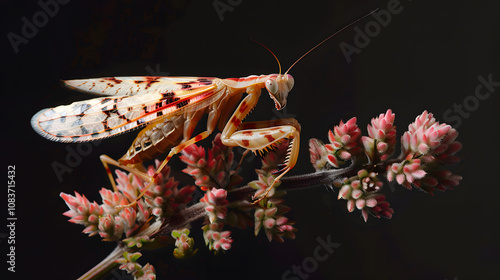 Amazing colorful Pseudocreobotra wahlbergii female. Spiny Flower Mantis show wings on black background