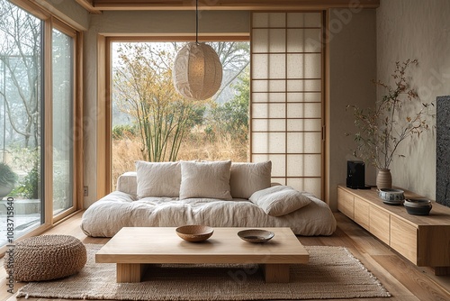 A modern japandi interior in a living room with minimalist, sofa and pendant lights and wood furniture. Generative AI 