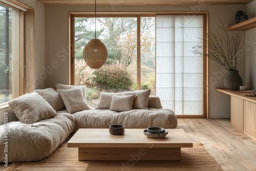 A modern japandi interior in a living room with minimalist, sofa and pendant lights and wood furniture. Generative AI 