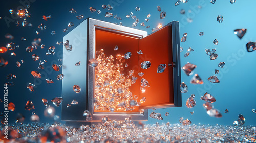 Open Safe 3D Render, Sparkling Diamonds