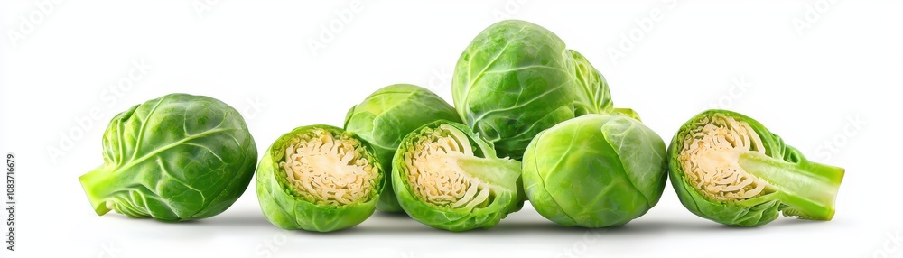 Fototapeta premium Fresh Brussels sprouts, cut in half, display vibrant green colors. Healthy and nutritious, they are perfect for various culinary dishes.