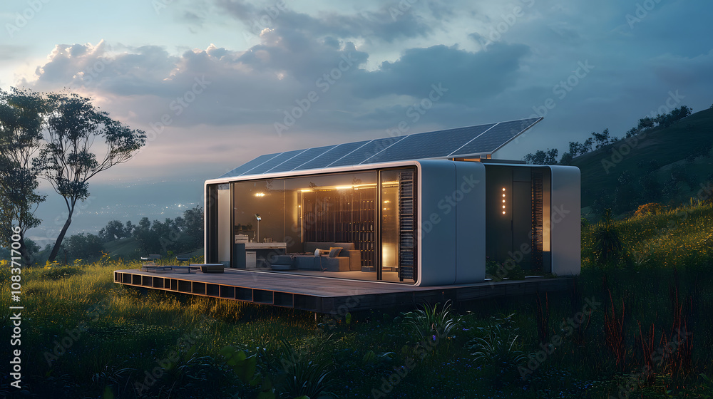 Obraz premium A solar-powered energy storage system that captures solar energy during the day and stores it for use at night, promoting continuous and sustainable power supply.