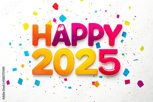 3D text HAPPY 2025 futuristic colorful festive font,white background New Year Celebrations