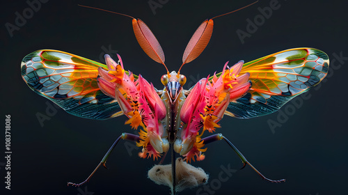Amazing colorful Pseudocreobotra wahlbergii female. Spiny Flower Mantis show wings on black background