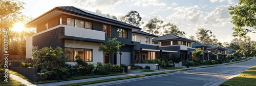 Elegant houses on a tree-lined street, featuring state-of-the-art architecture, bringing a sense of secluded, luxurious living within a tranquil, serene environment. photo