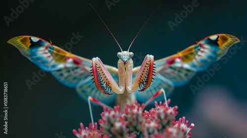 Amazing colorful Pseudocreobotra wahlbergii female. Spiny Flower Mantis show wings on black background