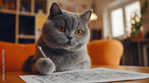 British shorthair cat solving crossword puzzle with pen