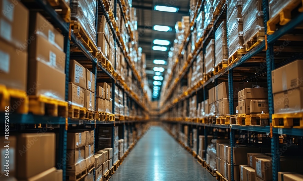 Fototapeta premium Rows of Cardboard Boxes Stacked on Metal Shelves in a Warehouse