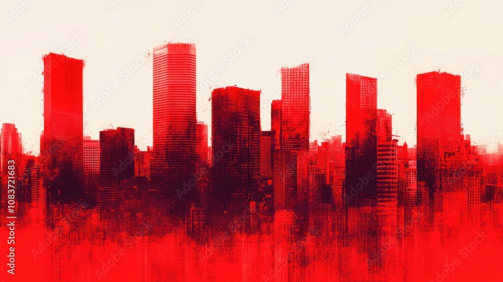 Obraz premium A vibrant, abstract depiction of a city skyline in striking red tones, evoking a sense of energy and urban life.