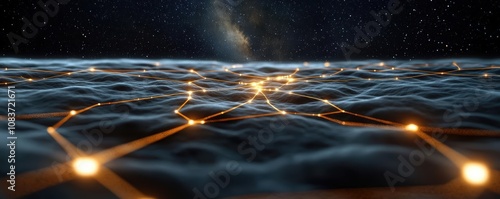 Abstract network connections over a cosmic landscape, illustrating digital interaction. photo