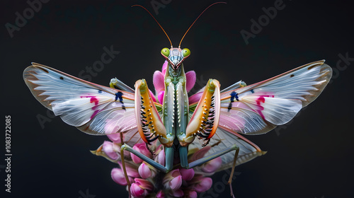 Amazing colorful Pseudocreobotra wahlbergii female. Spiny Flower Mantis show wings on black background