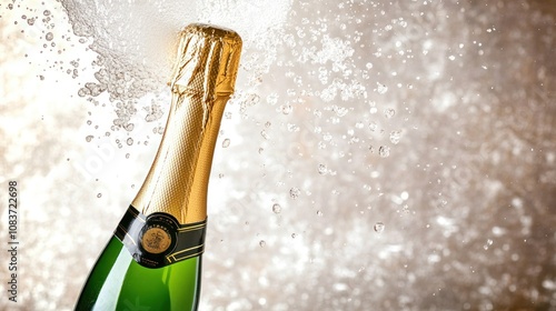 A bottle of champagne with bubbles erupting, symbolizing celebration and festivity. photo