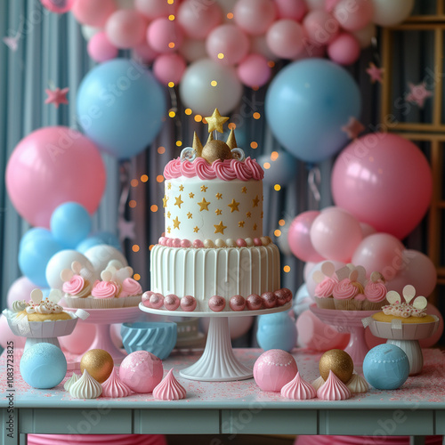 Festive birthday cake with pastel decorations and balloons