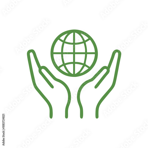 Green vector icon of hands holding the earth in a simple line art style
