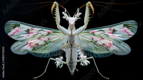 Amazing colorful Pseudocreobotra wahlbergii female. Spiny Flower Mantis show wings on black background