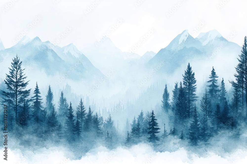 Fototapeta premium Watercolor Painting of a Foggy Mountain Forest Landscape