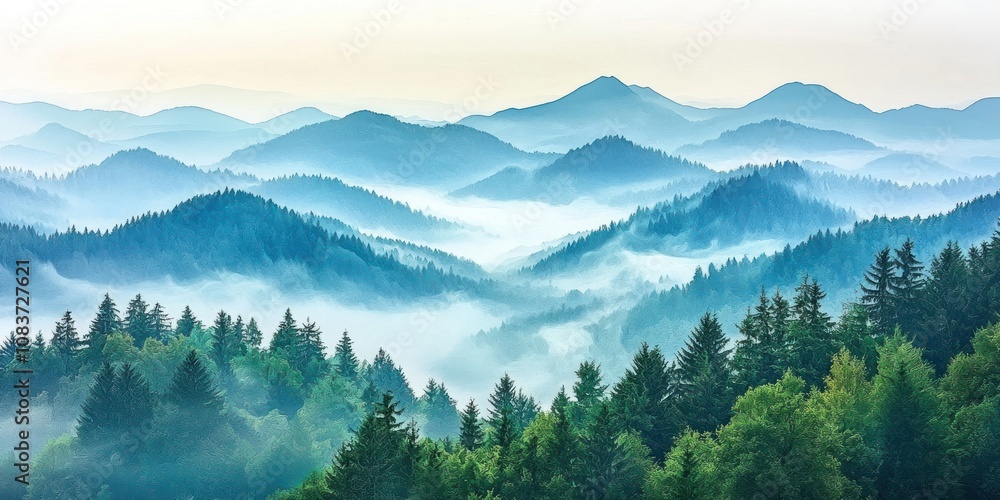 Obraz premium Misty Mountain Landscape with Lush Green Forest in Foreground