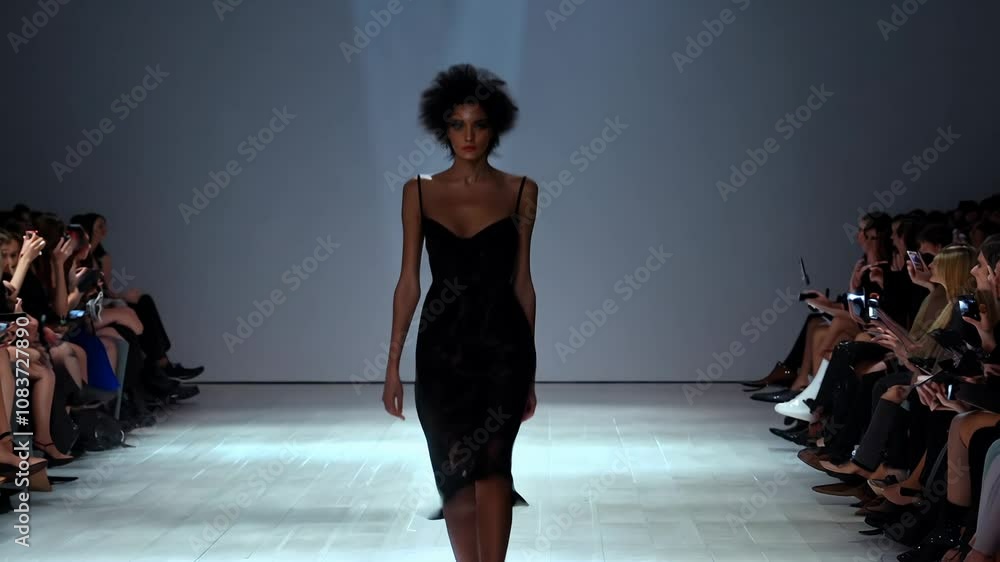 Confident 22-year-old woman walks down fashion runway, camera zooms, back light, dolly