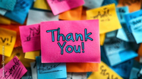 Amidst an array of sticky notes, a central pink note prominently displays the phrase 'Thank You!', beautifully symbolizing unity and positivity. photo