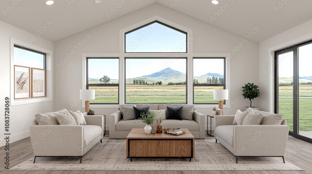 Fototapeta premium Modern Minimalist Living Room with Mountain View Large Windows