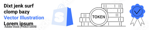 Shopping bag with S logo, token stacks, and blue recognition badge. Ideal for online shopping, digital currency, e-commerce, rewards system, business achievements. Landing page