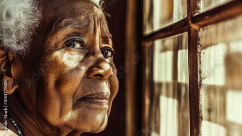 A sad, reflective elderly Black woman captured in a close-up, embodying the emotional weight of inequality, environmental degradation, and societal struggles rooted in oppressive patriarchal systems photo