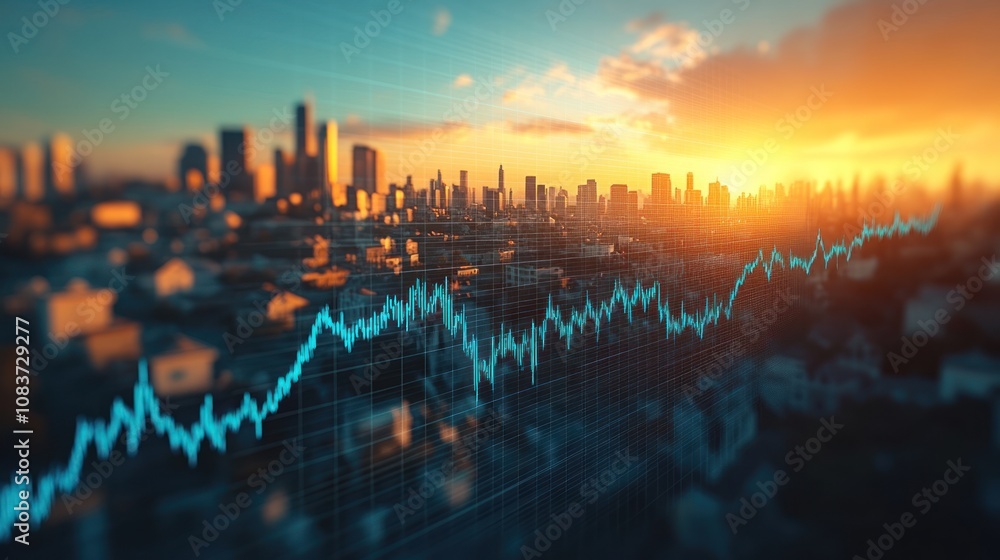 Fototapeta premium Skyline with a rising blue line graph and an orange sunset in the background