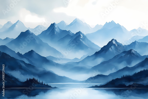 Matte Painting gouache in blue and grey colours, painting on white background of mountains in early modern impressionism