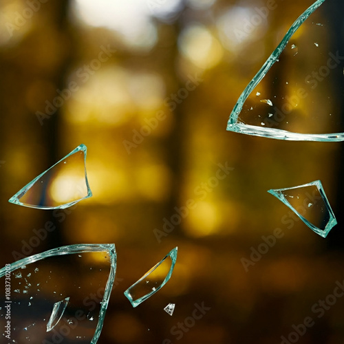 Glass mirror shattered into pieces, blurred forest background