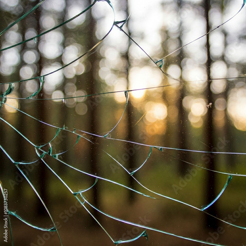 Broken glass looks like a spider web, blurred forest background photo