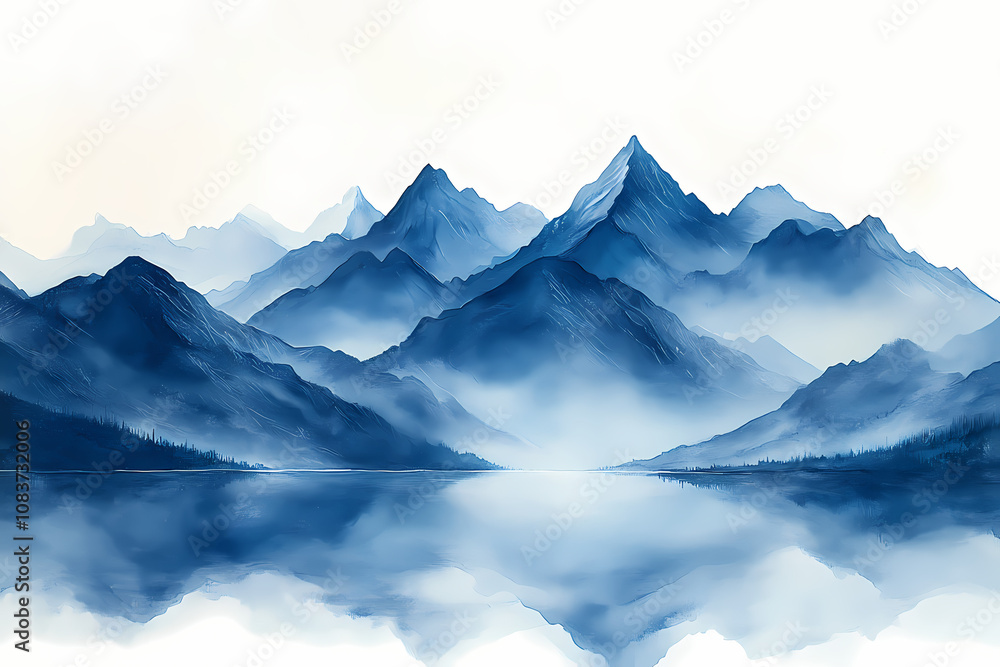 Obraz premium Matte Painting gouache in blue and grey colours, painting on white background of mountains in early modern impressionism