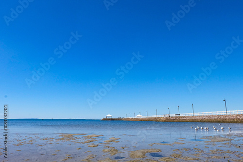 Walking along the seaside at Wynnum jetty and Manly, a beautiful sunny clear and blue sky day  photo